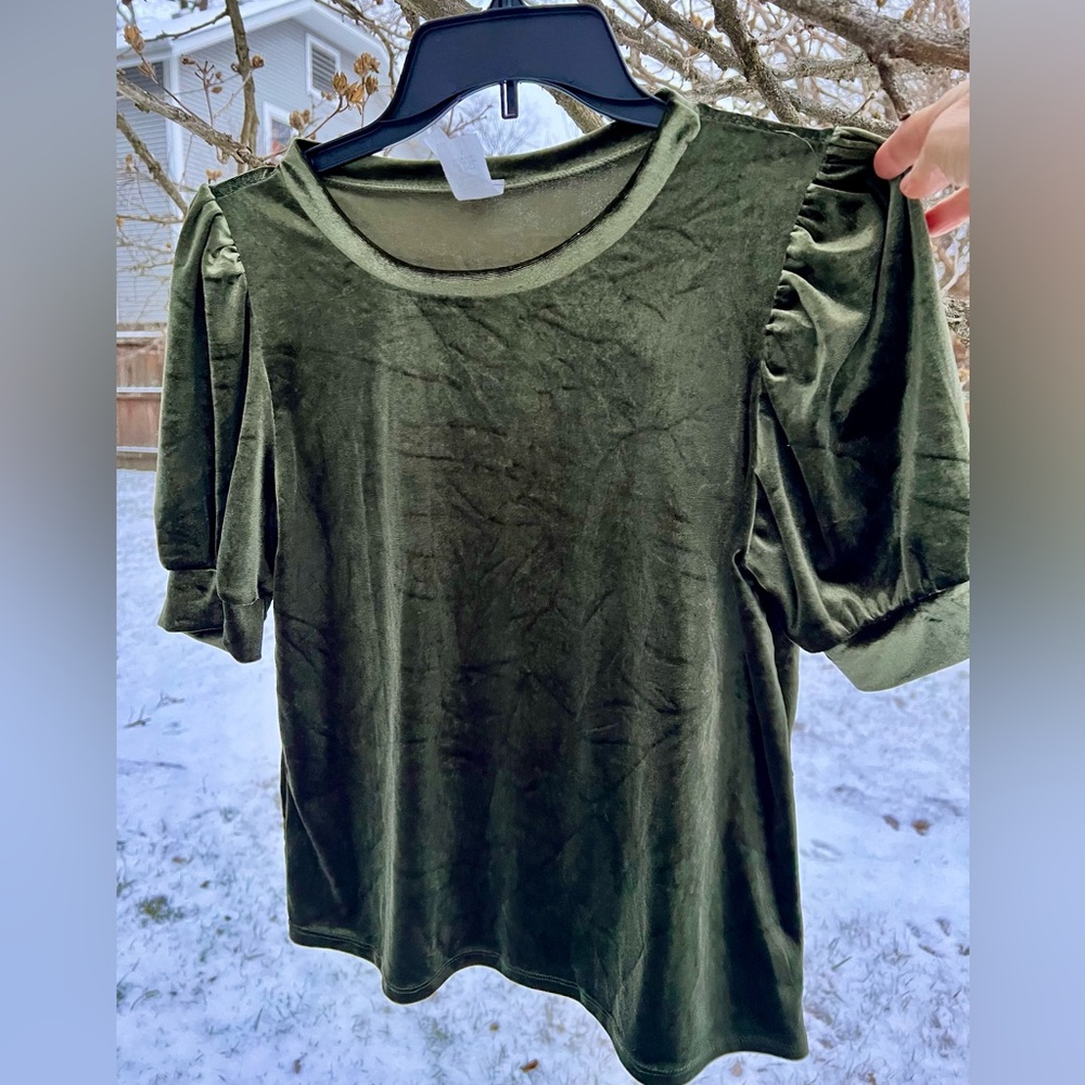 Vintage Elegant moss olive green velvet top blouse puff sleeve L day-to-night L